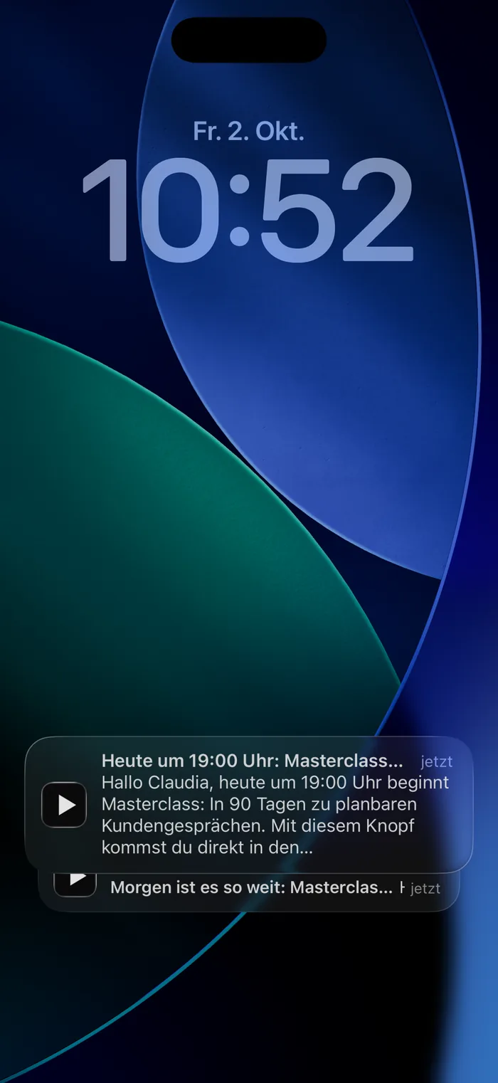 Sperrbildschirm mit Mitteilung: Heute um 19:00 Uhr