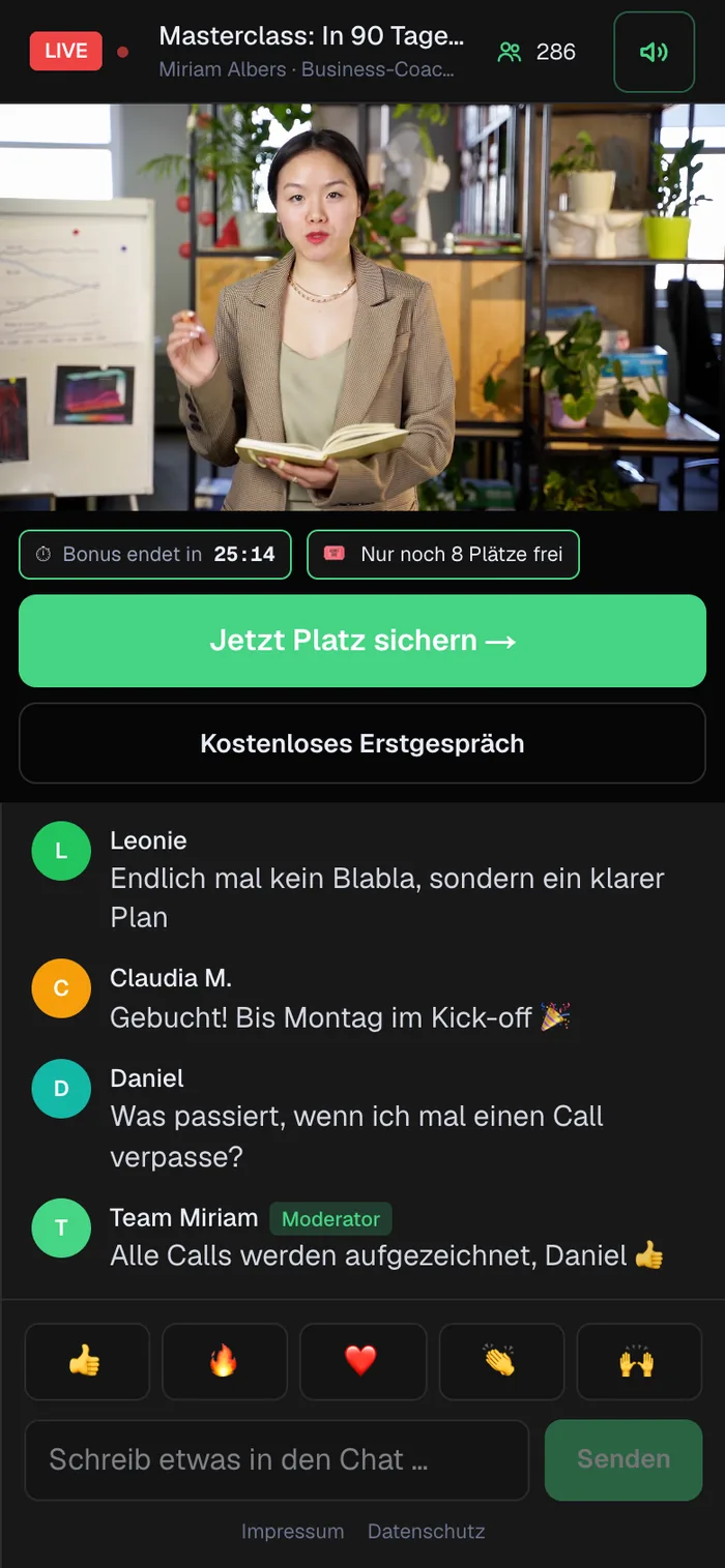 Webbyloop-Webinarraum auf dem Smartphone mit Video, Angebot und Chat